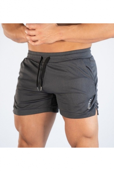Men's New Stylish Letter Printed Side Slit Drawstring Waist Fitness Shorts