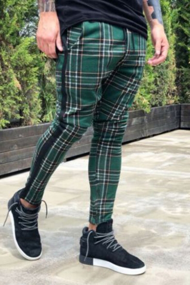 Men's New Stylish Plaid Pattern Drawstring Waist Stretched Slim Fit Casual Pencil Pants