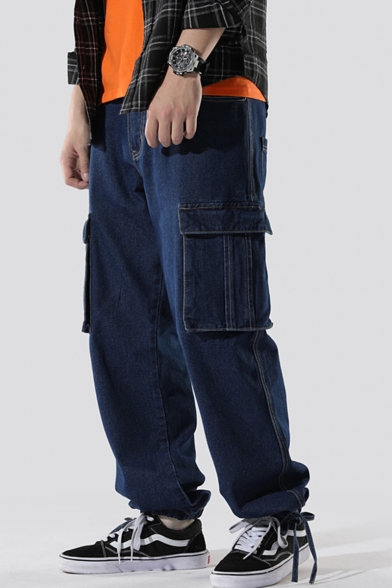 Men's New Stylish Simple Plain Double Flap Pocket Side Drawstring Cuffs Dark Blue Loose Fit Cargo Jeans