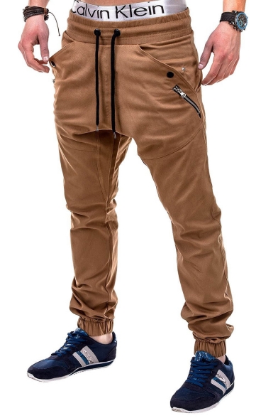 Men's Popular Fashion Solid Color Zipper Embellished Drawstring Waist Elastic Cuffs Casual Cotton Pencil Pants