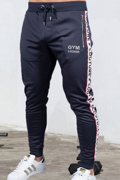 Men's Stylish Letter GYM Printed Tape Patched Side Drawstring Waist Zipped Pocket Casual Training Sweatpants