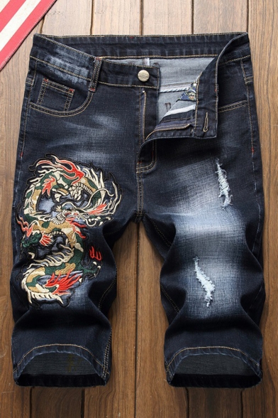 Men's Summer Fashion Embroidery Patched Ripped Detail Zip-fly Denim Shorts