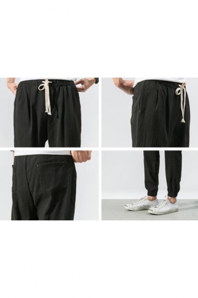 Men's Summer Fashion Simple Plain Drawstring Waist Elastic Cuffs Casual Loose Linen Tapered Pants