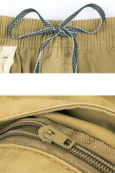 Men's Summer Fashion Simple Plain Zipped Pocket Side Drawstring Waist Casual Cotton Cargo Shorts