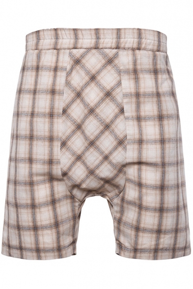 Men's Summer New Stylish Plaid Pattern Casual Baggy Drop-Crotch Cotton Shorts
