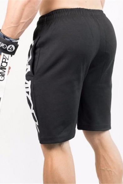 Men's Summer Simple Fashion Letter Printed Drawstring Waist Black Cotton Casual Sports Sweat Shorts
