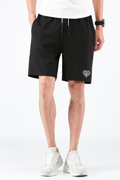 Men's Summer Trendy Logo Printed Drawstring Waist Black Casual Relaxed Shorts