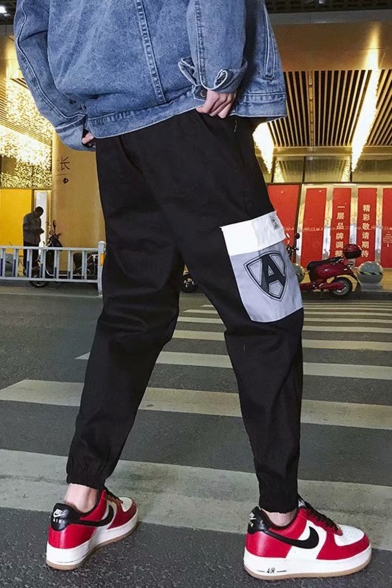 Men's Trendy Colorblock Letter A Printed Flap Pocket Elastic Cuffs Hip Pop Casual Cargo Pants