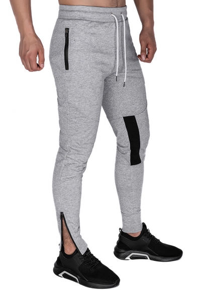 Men's Trendy Colorblock Patched Zipped Pocket Zip Cuffs Drawstring Waist Casual Sports Pencil Pants