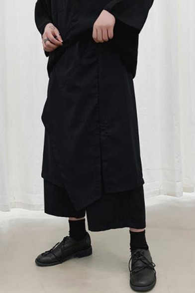 Men's Trendy Dark System Simple Plain Black Irregular Patched Design Fake Two Pieces Culottes Pants