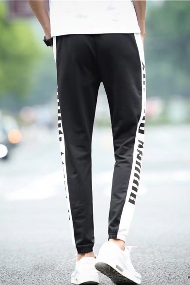 Men's Trendy Letter Printed Elastic Cuffs Black Casual Track Pants
