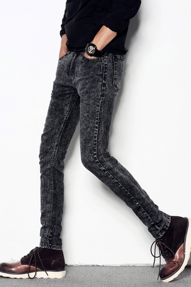 Men's Trendy Vintage Snow Washed Black Stretch Slim Fit Jeans
