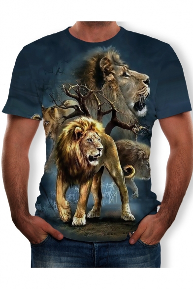 Mens Cool Stylish 3D Lion Printed Round Neck Short Sleeve Blue T-Shirt
