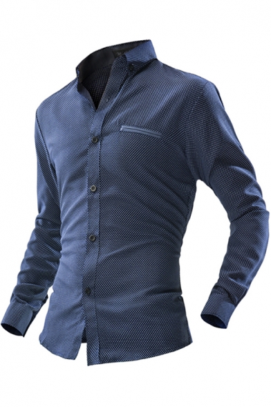 Mens Cotton Simple Polka Dot Printed Long Sleeve Button Down Fitted Business Shirt