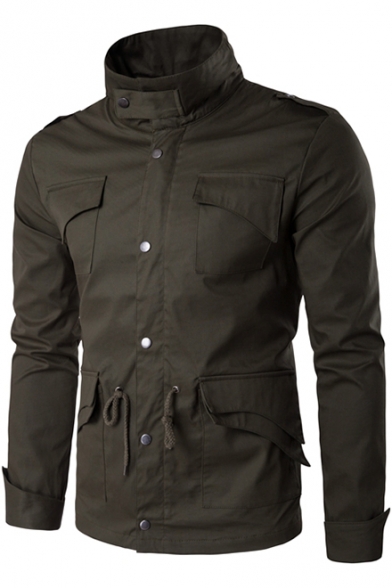 Mens Plain Stand Collar Multi-Pocket Drawstring Waist Long Sleeve Field Jacket