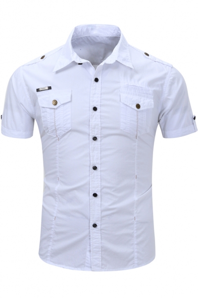 Mens Simple Plain Short Sleeve Outdoor Military Slim Fit Cotton Shirt