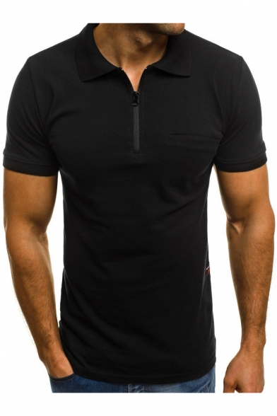 Mens Stylish Zipper Collar Short Sleeve Simple Plain Casual Fitted Polo Shirt