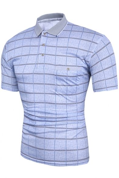 Mens Summer Fashion Check Plaid Printed Three-Button Front Short Sleeve Slim Business Polo Shirt