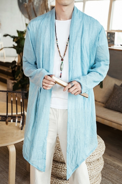 Mens Summer Retro Chinese Style Linen Open Front Long Sleeve Thin Cardigan Coat