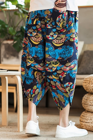 National Style Unique Printed Casual Loose Linen Cropped Wide-Leg Pants