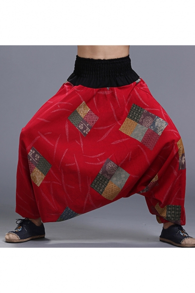 National Style Unique Printed Loose Fit Elastic Waist Baggy Drop-Crotch Harem Pants