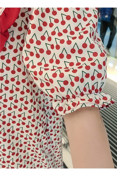 New Arrival Womens Red Cherry Printed Short Sleeve Lapel Collar Pleated Hem Midi Straight Dress