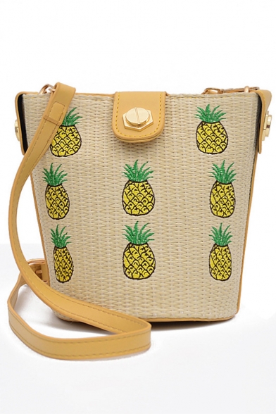 New Fashion Pineapple Embroidery Pattern Straw Crossbody Bucket Bag 20*17*14 CM