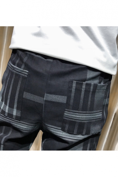 New Stylish Plaid Pattern Black Drawstring Waist Casual Slim Pencil pants for Men