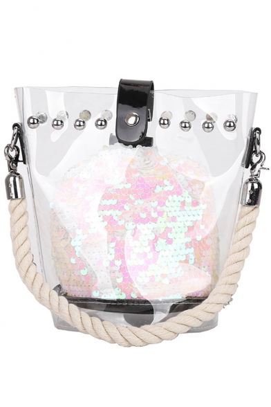New Stylish Plain Transparent Sequin Rivet Embellishment Bucket Bag 20*21*14 CM
