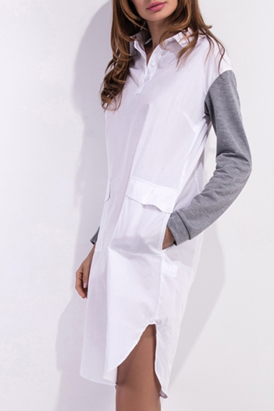 New Stylish V Neck Patched Long Sleeve Pocket Front Split Side Stand Collar White Midi Shirt Dress