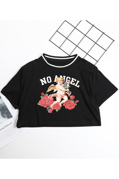 Popular Angel Baby Letter Printed Round Neck Black Casual Crop Tee