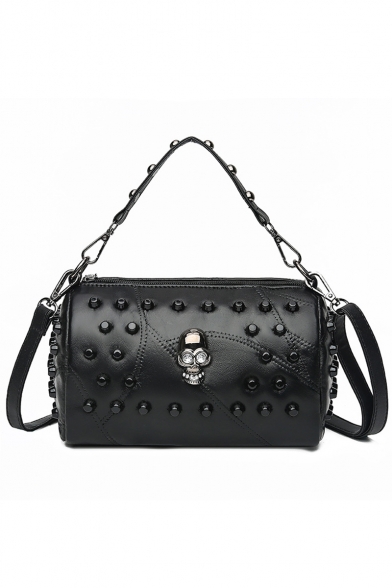 Popular Fashion Colored Real Leather Patched Rivet Rhinestone Skull Embellishment Satchel Shoulder Handbag 22*12*13 CM