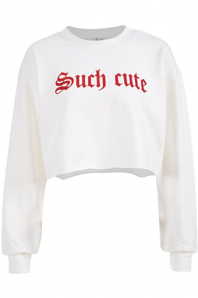 Popular Simple Letter SUCH CUTE Print Long Sleeve White Cropped Sweatshirt