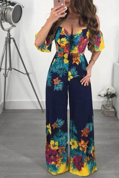 Popular Trendy V Neck Ruffle Short Sleeve Floral Printed Tie Back and Front Wide Leg Jumpsuits