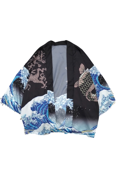 Retro Ukiyo-e Wave Carp Printed Summer Open Front Kimono Blouse Top