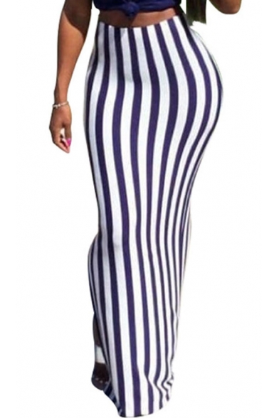 Sexy Girls Hot Popular Purple Strip High Waist Split Side Maxi Skirt for Nightclub
