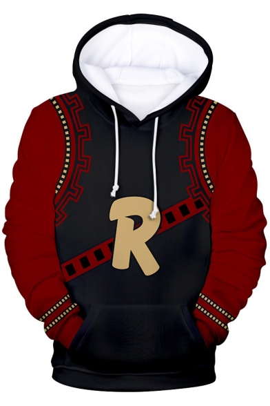 Simple Letter R Pattern Comic Black and Red Long Sleeve Loose Casual Drawstring Hoodie