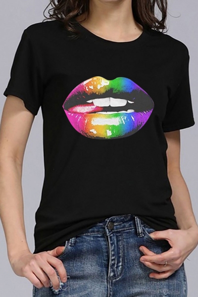 Street Fashion Colorful Lip Print Short Sleeve T-Shirt