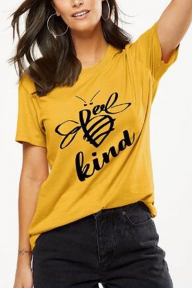 Street Style Cool Letter BEE KIND Pattern Round Neck Short Sleeve Casual Graphic Tee