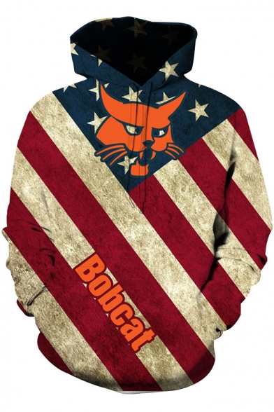 Stylish Bobcat Star Stripe Flag Printed Long Sleeve Casual Loose Pullover Hoodie