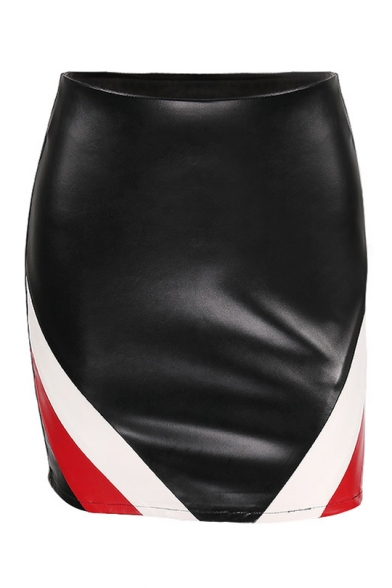 Stylish Colorblock Summer Womens Black Mini Super Skinny Bodycon PU Skirt