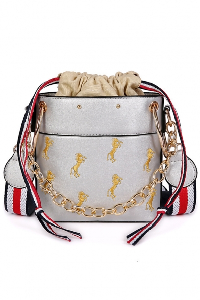Stylish Horse Embroidery Pattern Striped Strap Drawstring Bucket Shoulder Bag 18*18*8 CM
