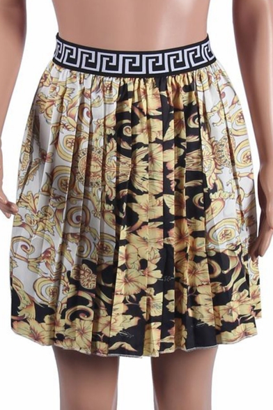 Stylish Womens Tribal Print Elastic Waist Mini Pleated Skirt