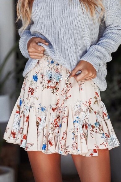 Summer Active Womens Stylish Elastic Waist Floral Print Ruffle Hem A-Line Mini Skirt