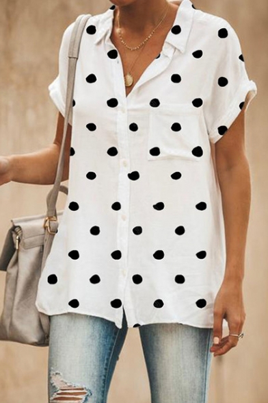Summer Classic Polka Dot Printed Short Sleeve Button Down Loose Casual Shirt Blouse