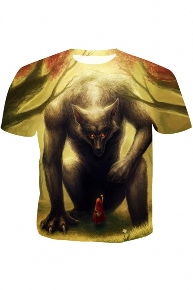 Summer Cool 3D Wolf Printed Round Neck Short Sleeve Regular Fit T-Shirt