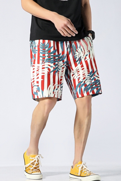 Summer Fashion Contrast Stripe Leaves Printed Drawstring Waist Quick-Dry Swim Trunks