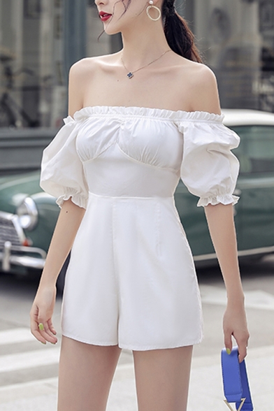 Summer Fashion Plain Off Shoulder Puff Sleeve High Waist Fitted Bustier Rompers