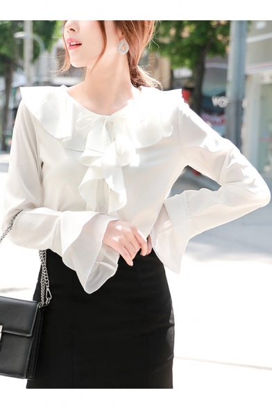 Fashion Simple Plain White Ruffled Round Neck Long Sleeve Chiffon Blouse Top - Beautifulhalo.com