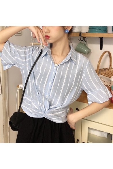 Summer Fashion Vertical Striped Print Twist Hem Loose Casual Shirt Blouse